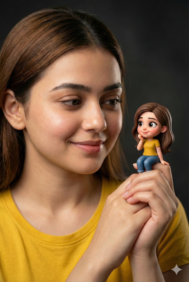 Woman Holding Miniature Figurine Portrait Prompt — example 1
