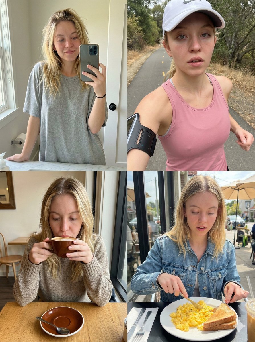 Sydney Sweeney Morning Routine 2x2 Grid Prompt — example 1