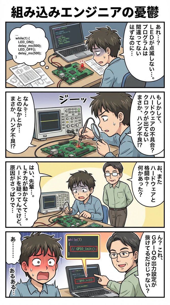 4-panel comic about embedded engineer struggles — example 1