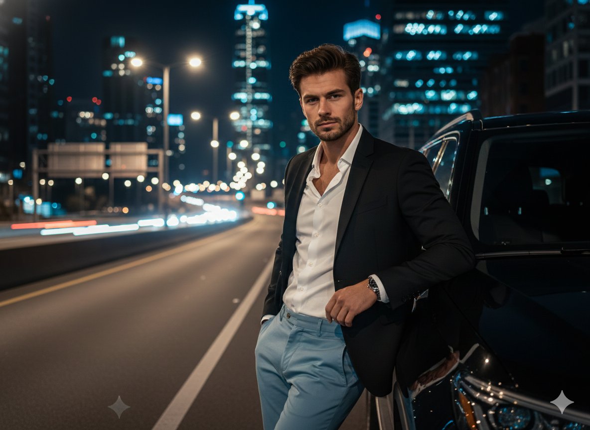 Cinematic Night Urban Portrait with Luxury SUV — example 1