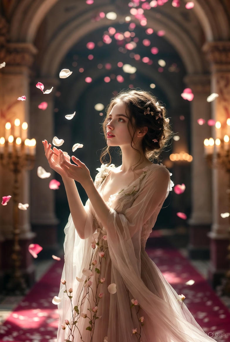 High-Fashion Fantasy Editorial with Floating Petals — example 1