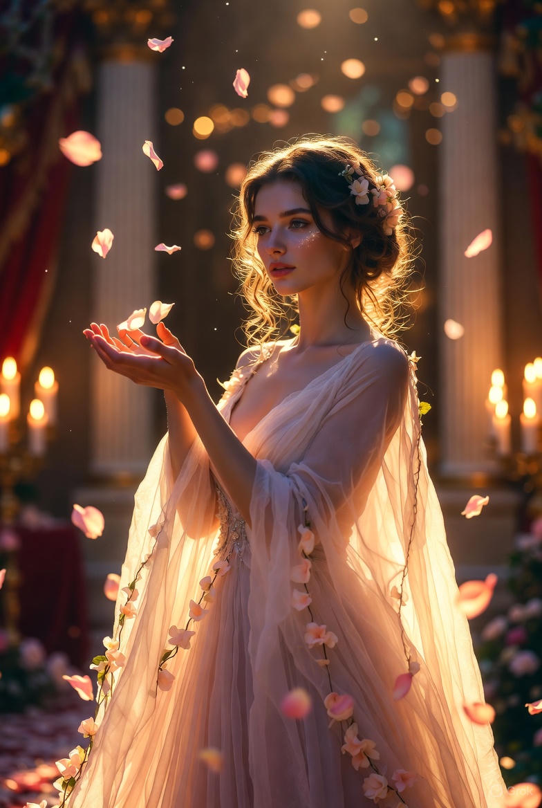 High-Fashion Fantasy Editorial with Floating Petals — example 2