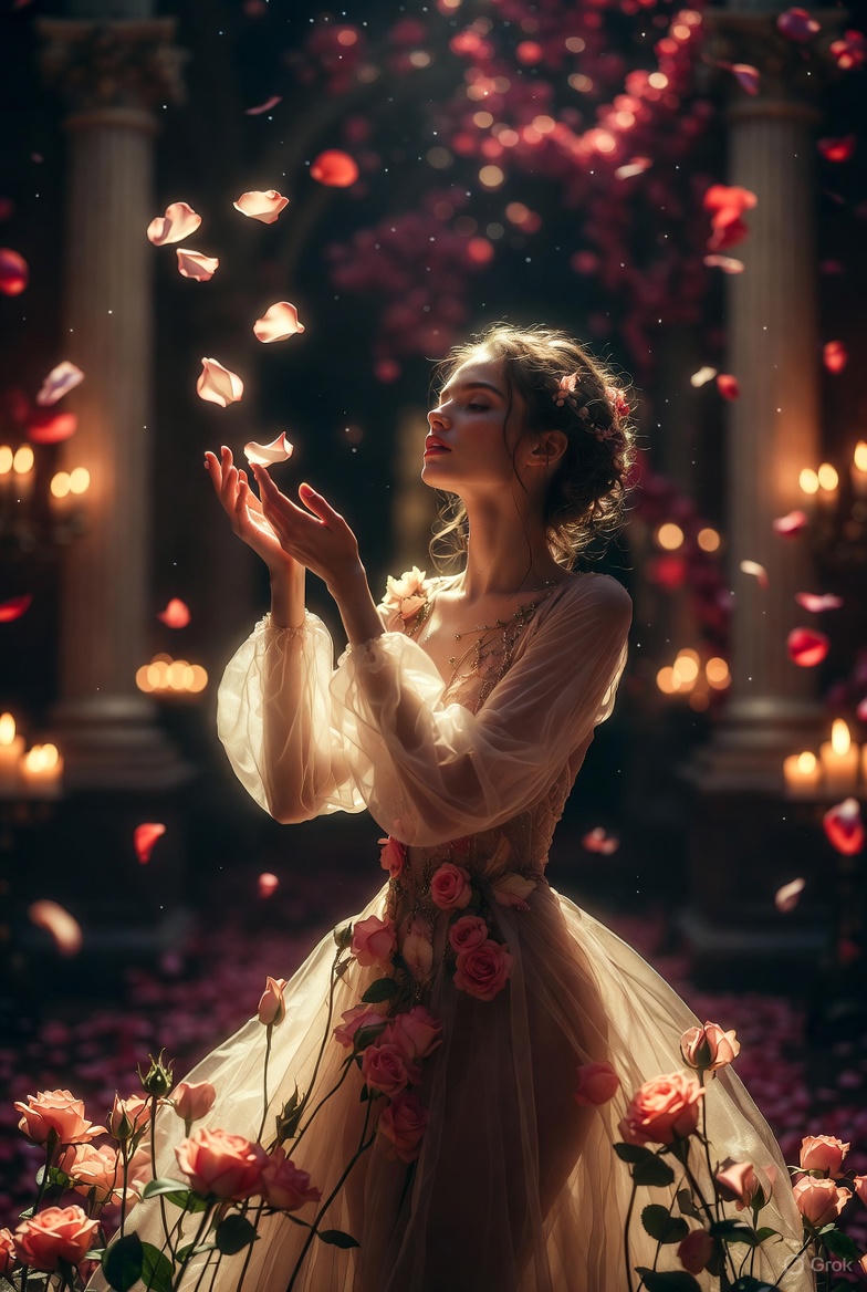 High-Fashion Fantasy Editorial with Floating Petals — example 3