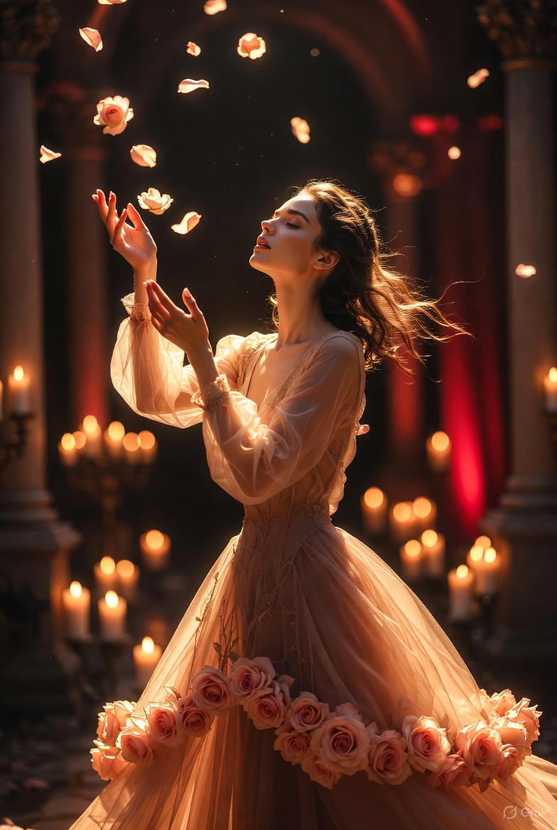 High-Fashion Fantasy Editorial with Floating Petals — example 4