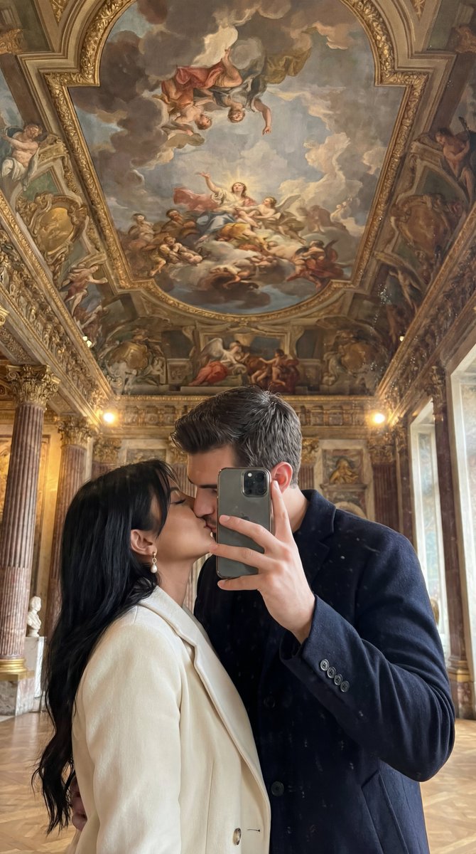 Ultra Photoreal Museum Mirror Kiss Selfie with Identity Lock
