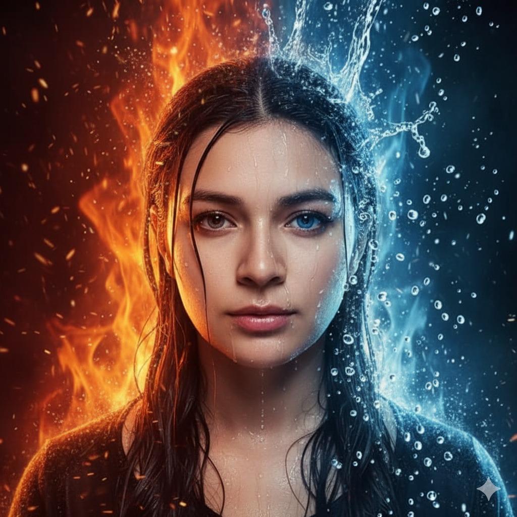 Hyper-Realistic Cinematic Portrait of Elemental Balance (Fire and Water) — example 1