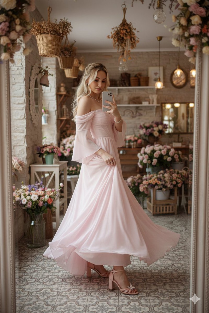 Fairy-Core Gown Mirror Selfie in a Floral Cafe — example 1