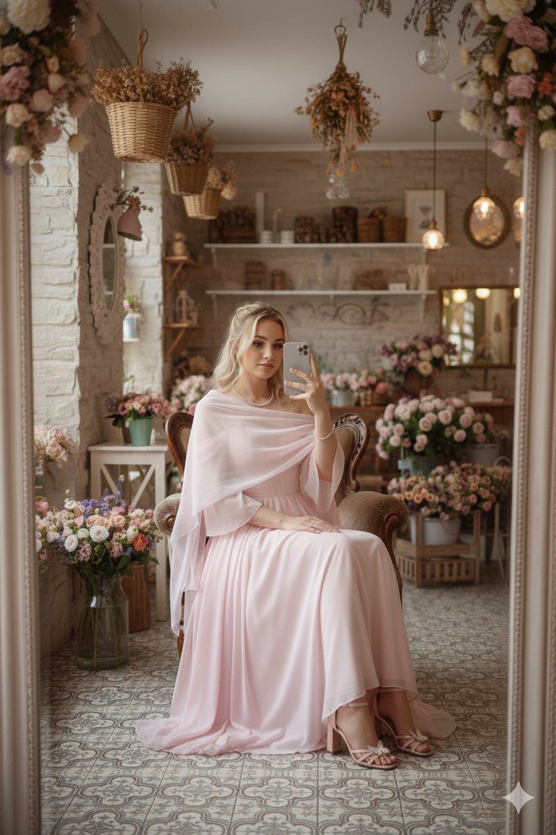 Fairy-Core Gown Mirror Selfie in a Floral Cafe — example 2