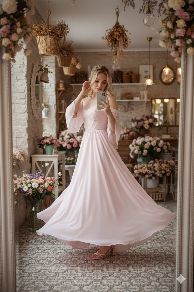 Fairy-Core Gown Mirror Selfie in a Floral Cafe — example 3
