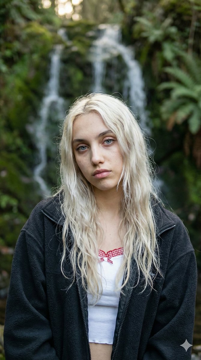 Ethereal Waterfall Selfie Portrait with Natural Imperfections — example 1