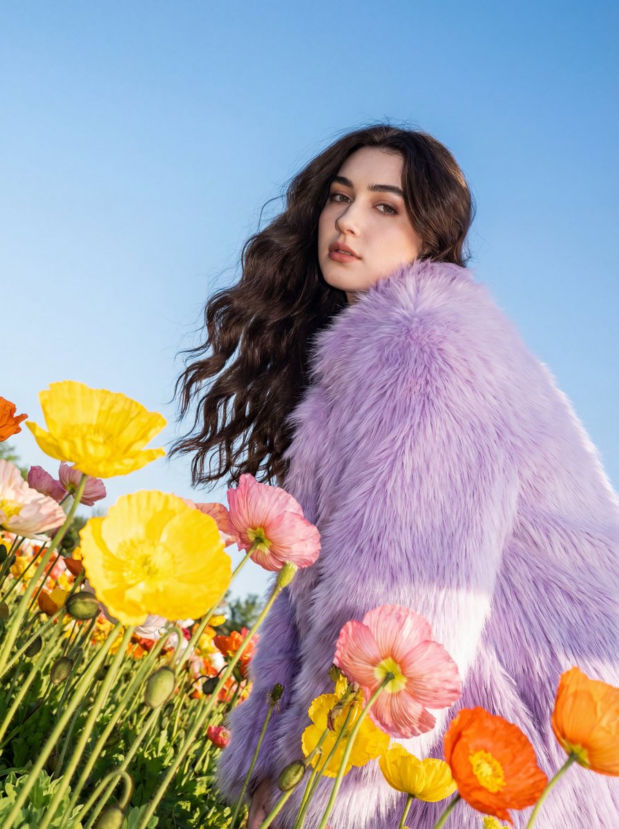 Harsh Flash Fashion Portrait in Flower Field Prompt