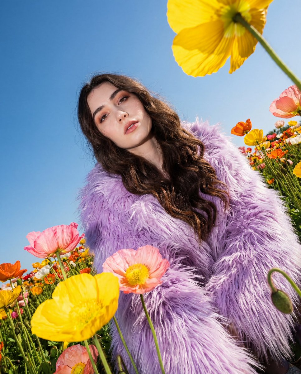 Harsh Flash Fashion Portrait in Flower Field Prompt — example 2