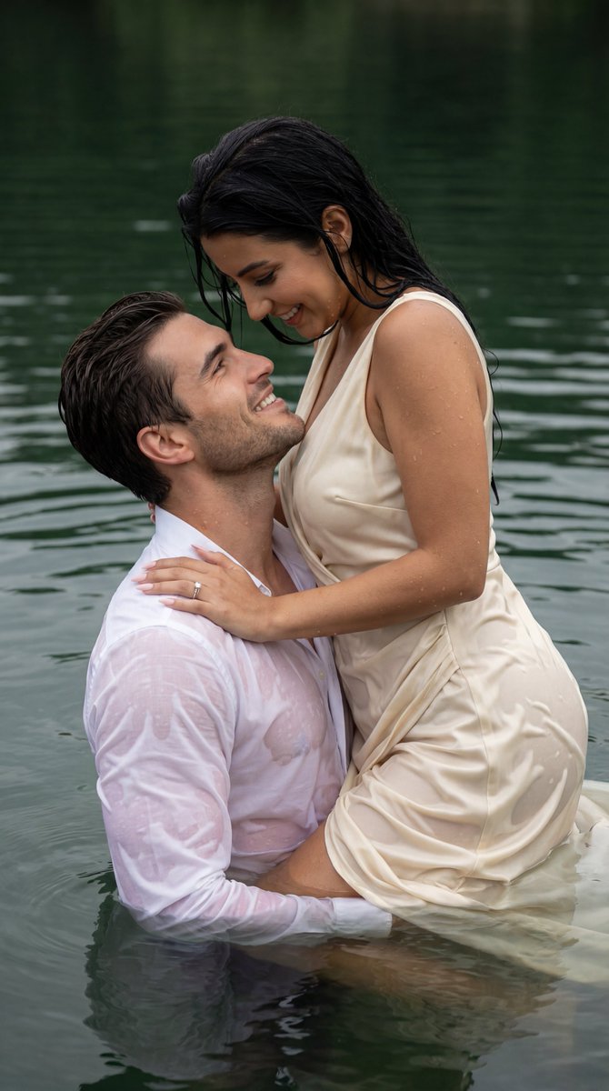 Cinematic Couple Embrace in Lake Prompt (Wet Fabric Physics) — example 1