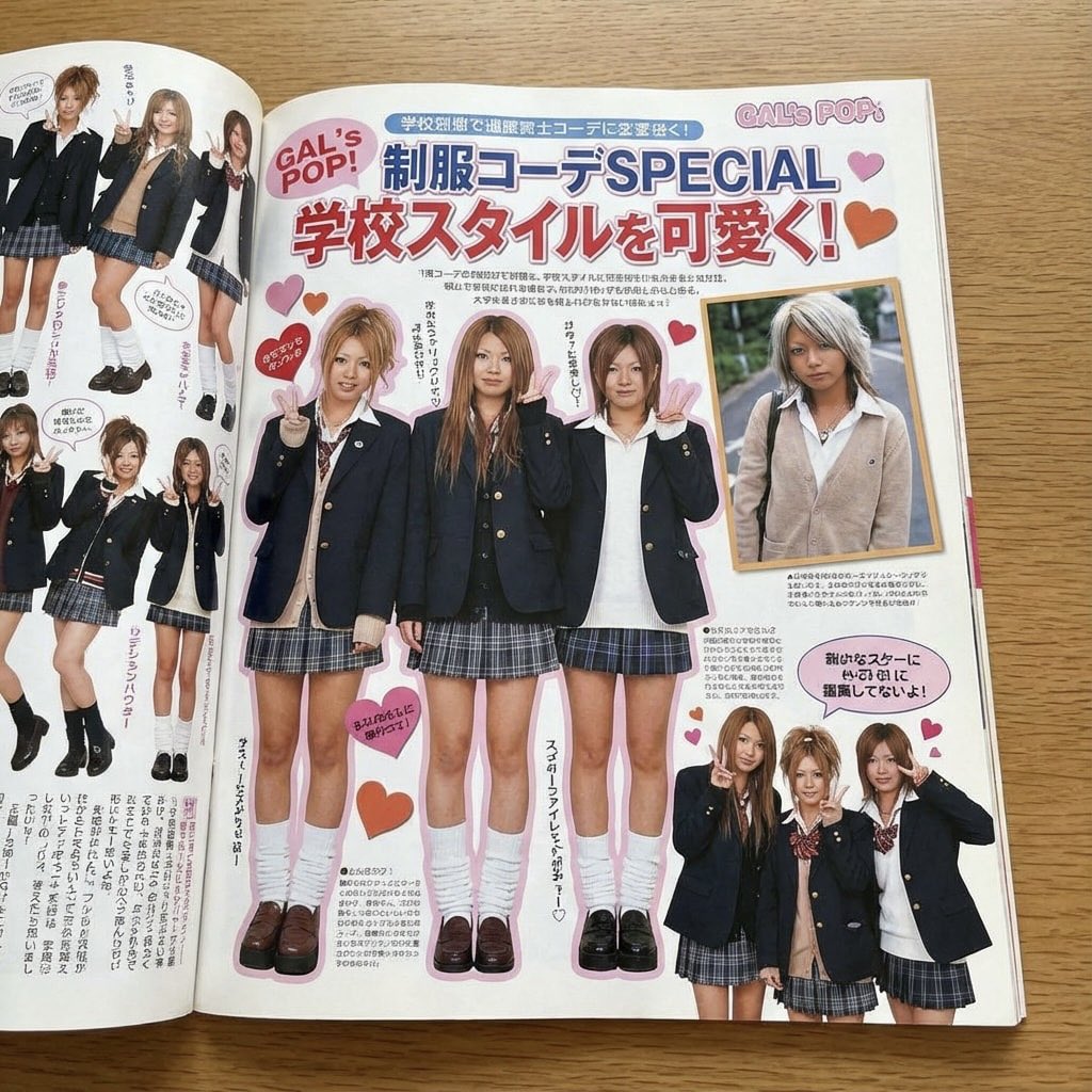 Japanese gyaru magazine spread on school uniforms — example 1