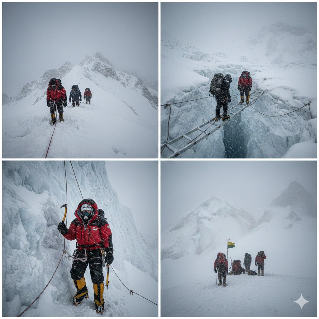 High-Altitude Mountaineering Cinematic Collage Prompt — example 1