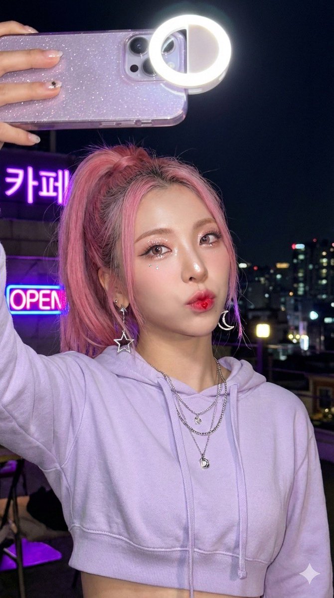 Photoreal K-pop selfie on rooftop — example 1