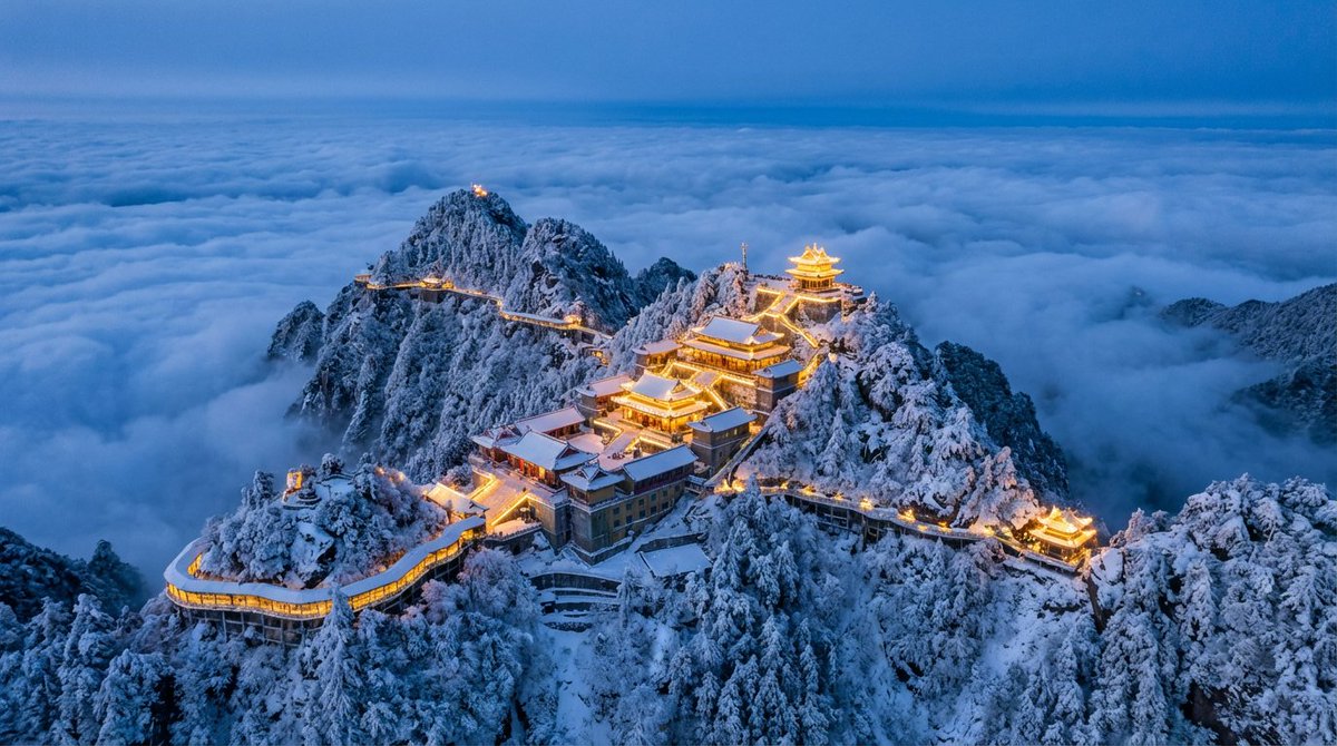 Spectacular Aerial View of Laojun Mountain Temple in Winter — example 1