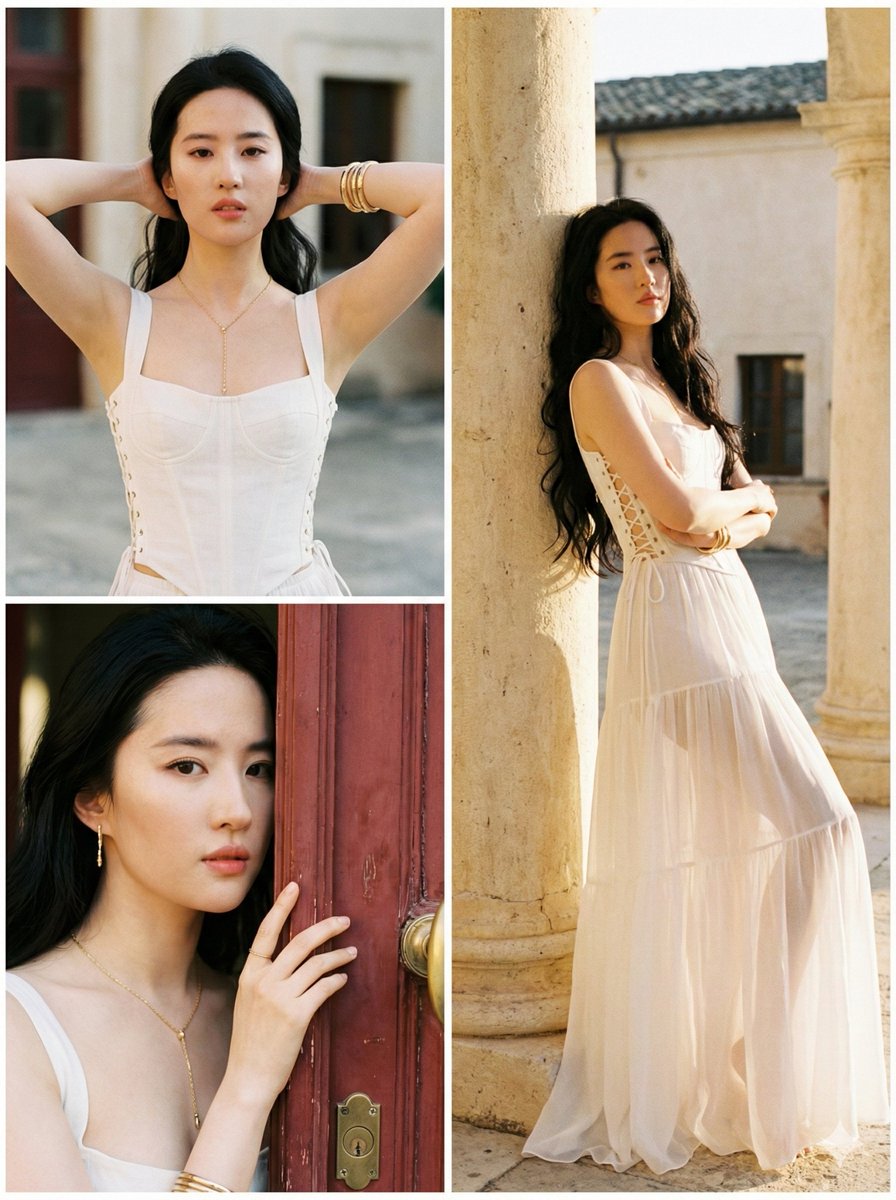 High-Fashion Editorial Collage in Mediterranean Courtyard — example 1