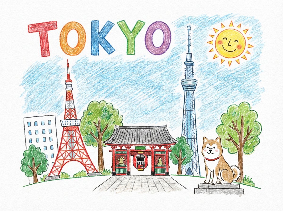 Child-like Crayon and Colored Pencil City Drawing — example 1