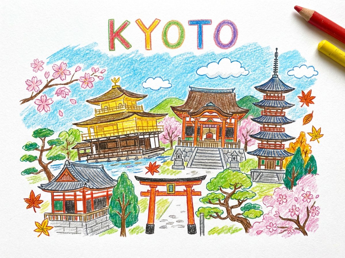 Child-like Crayon and Colored Pencil City Drawing — example 2