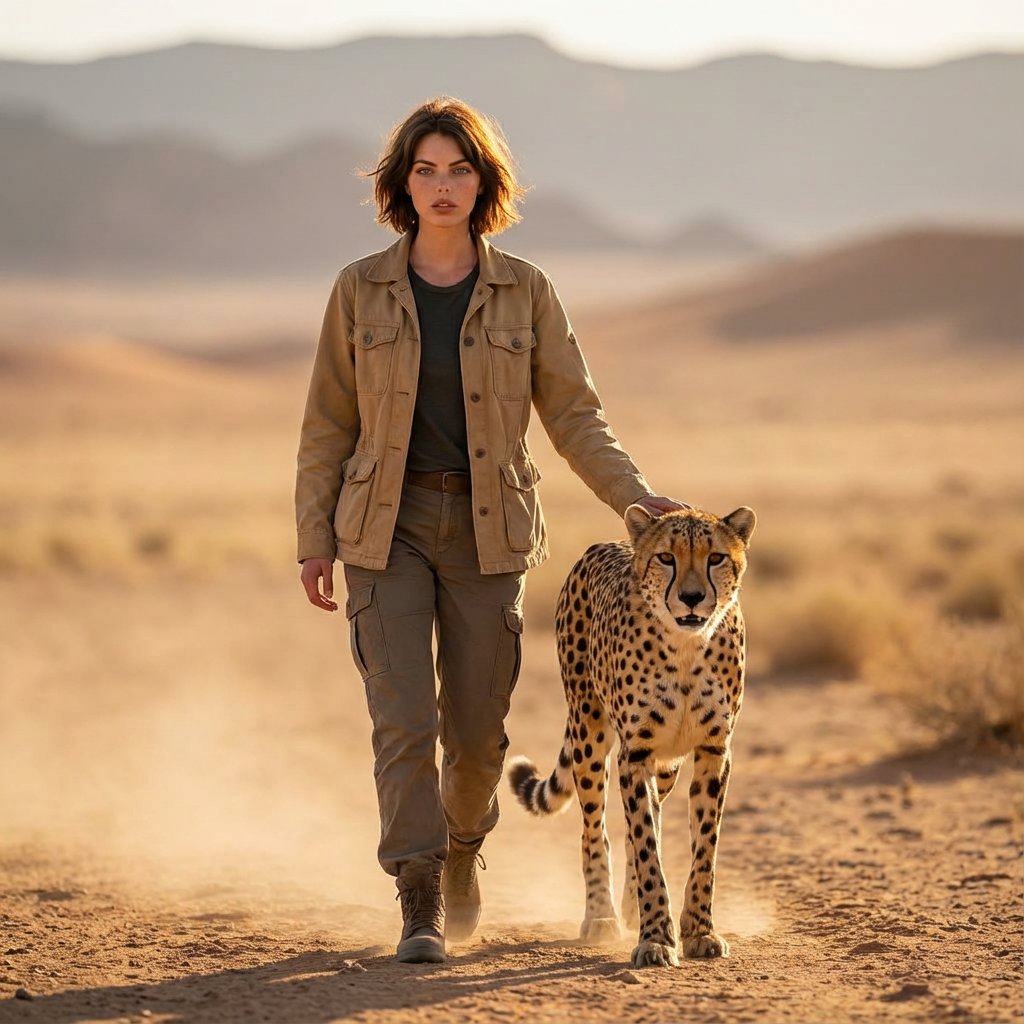Golden Hour Desert Photo of Woman and Cheetah — example 1