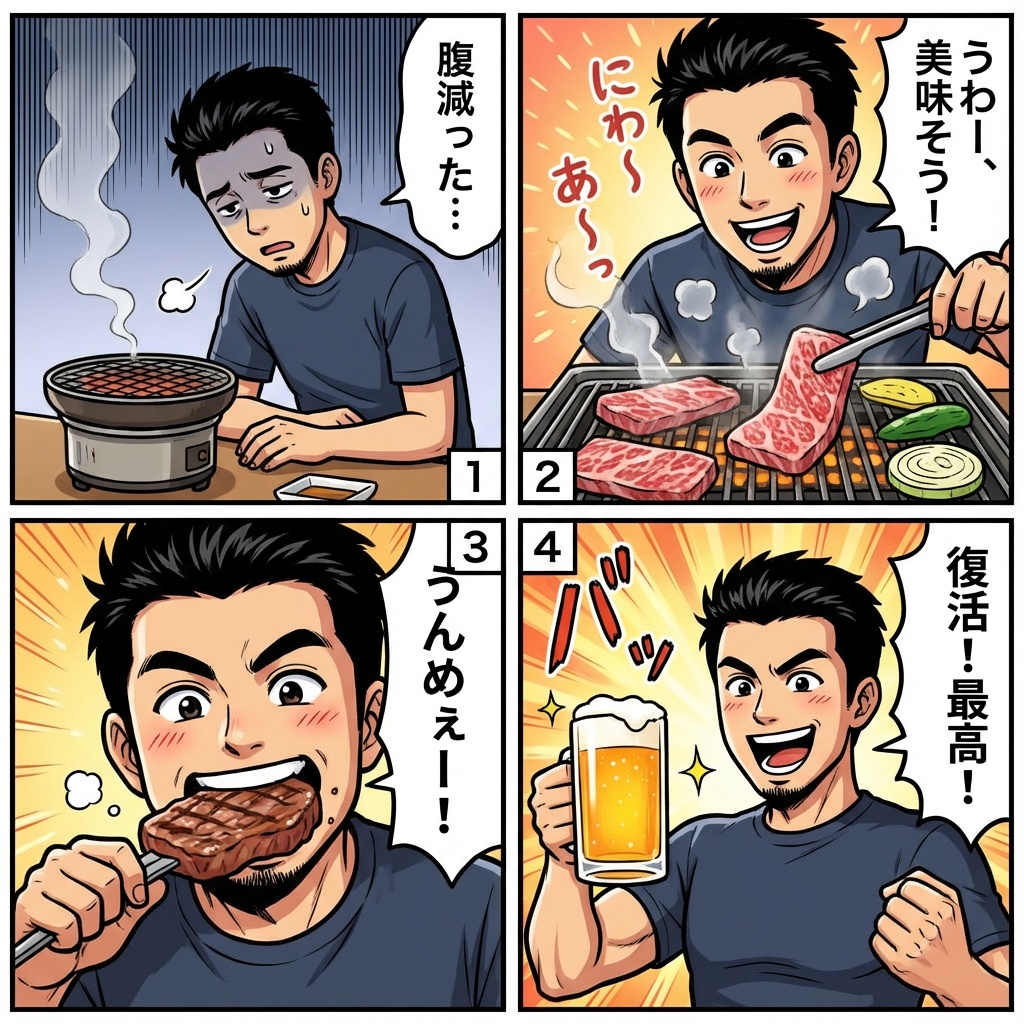 Color comic of a character getting energized by barbecue — example 1