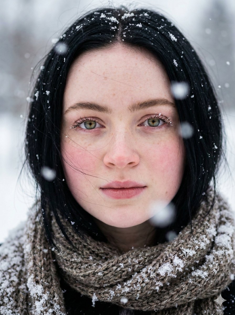 Extreme Close-up Winter Portrait (Sadie Sink/Millie Bobby Brown) — example 1