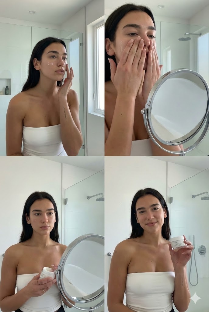 Dua Lipa Skincare Editorial Collage — example 1