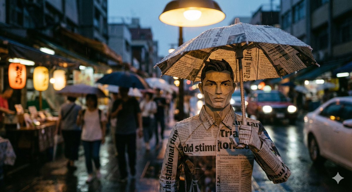 Cinematic Still-Life of Paper Celebrity Figure in Rain — example 2