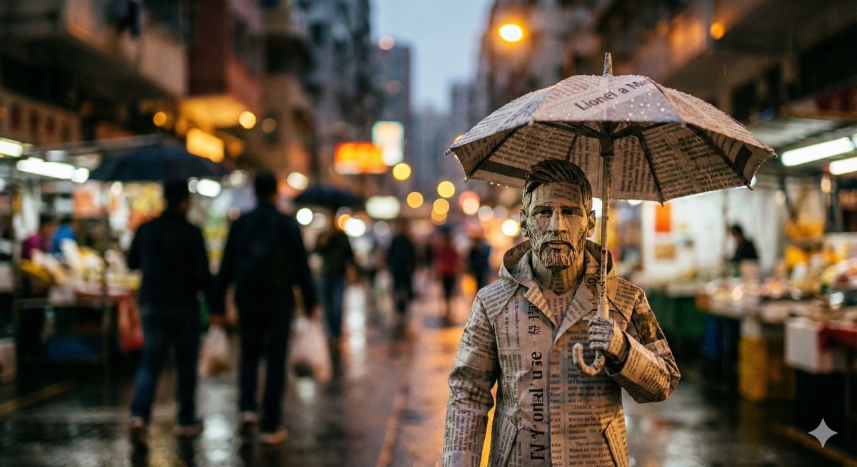 Cinematic Still-Life of Paper Celebrity Figure in Rain — example 4