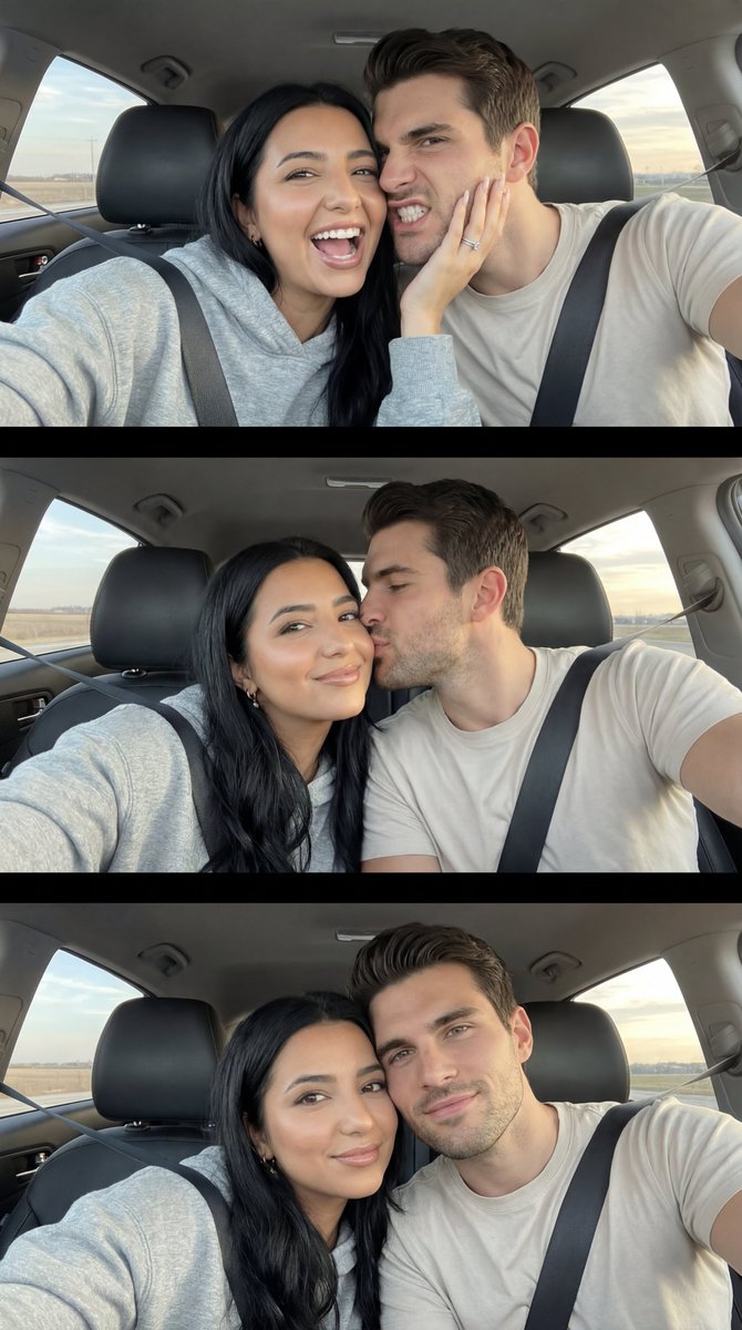 Photoreal Playful Couple Car Selfie Triptych — example 1