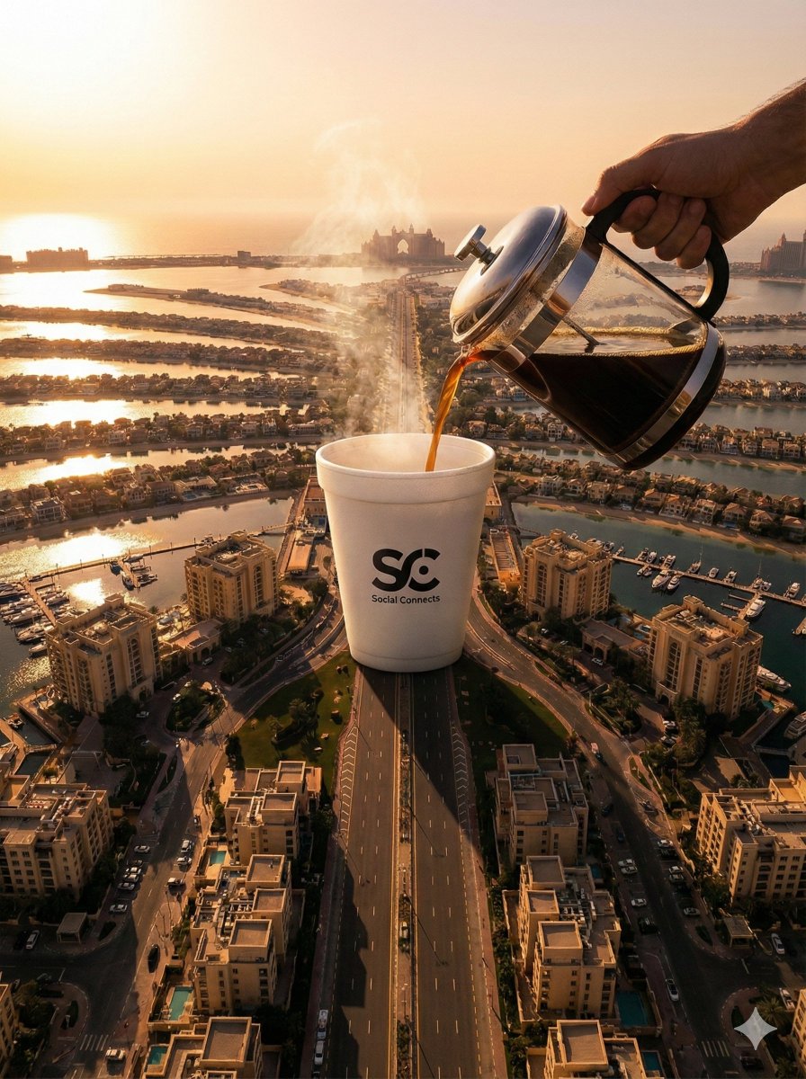 Surreal Aerial View of Giant Coffee Cup on Palm Jumeirah — example 1