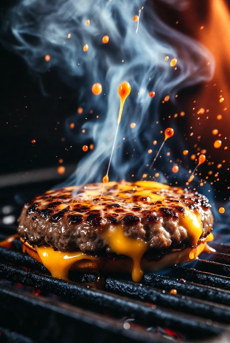 Cinematic Macro Shot of Sizzling Cheeseburger — example 1