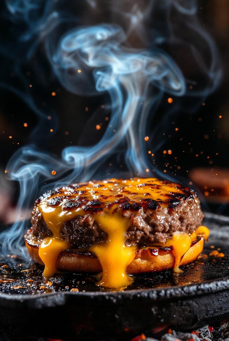 Cinematic Macro Shot of Sizzling Cheeseburger — example 2