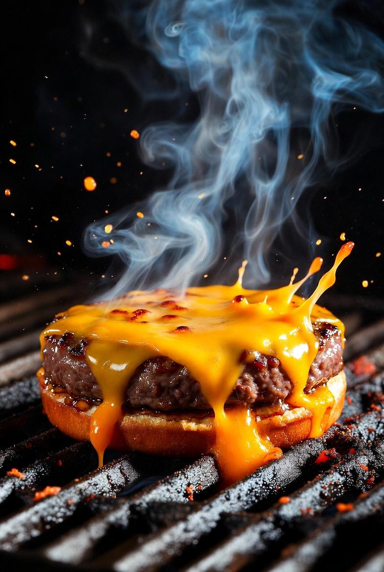 Cinematic Macro Shot of Sizzling Cheeseburger — example 3