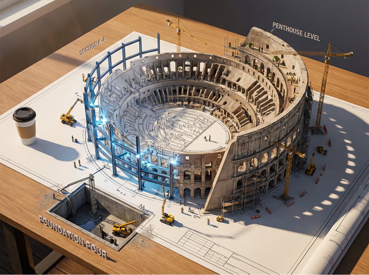 Epic 3D Architectural Blueprint Awakening Scene — example 3