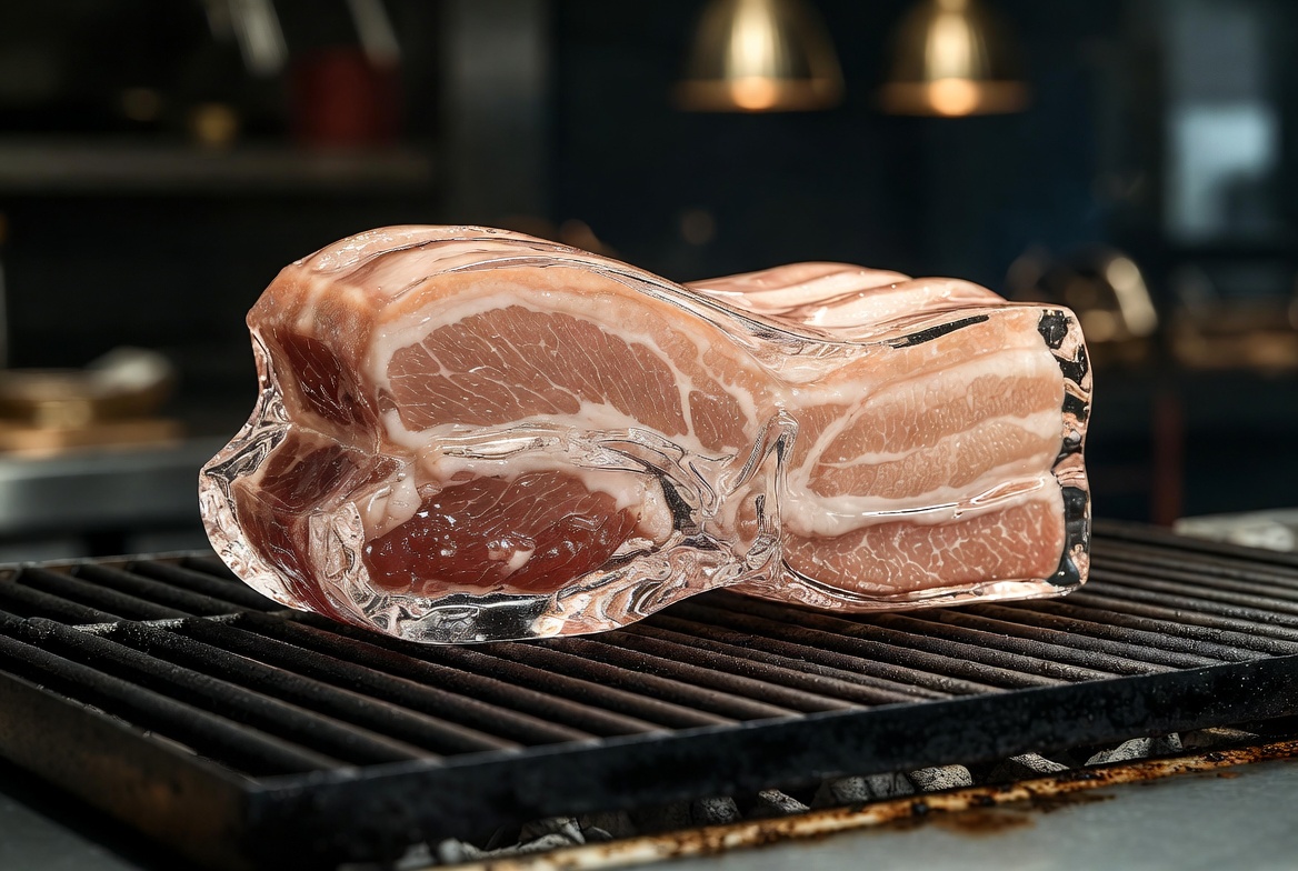 Hyperrealistic glass pork belly on a grill — example 1