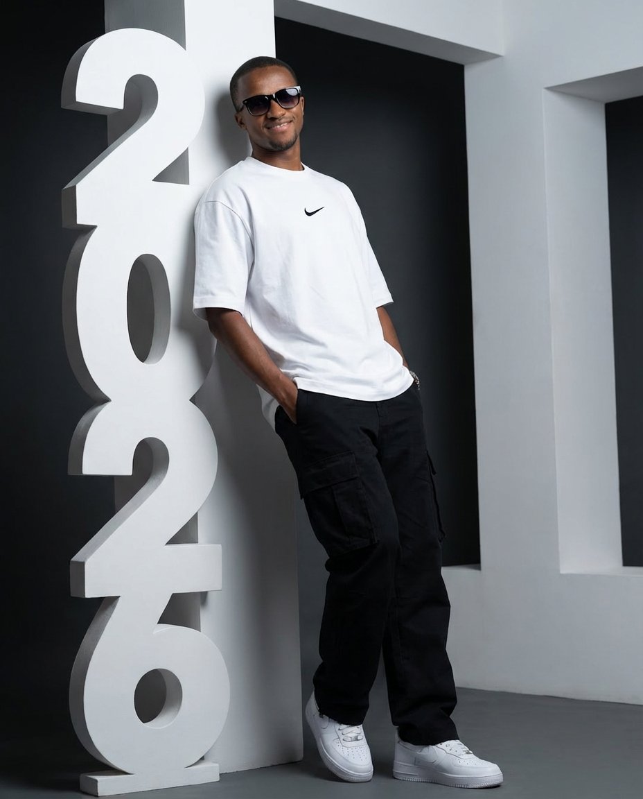 Low-Angle Streetwear Portrait with Architectural Text — example 1