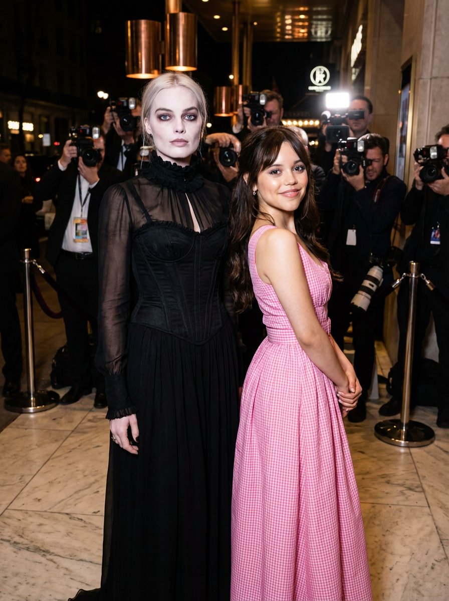 Red Carpet Juxtaposition Prompt: Margot Robbie as Wednesday and Jenna Ortega as Barbie — example 1