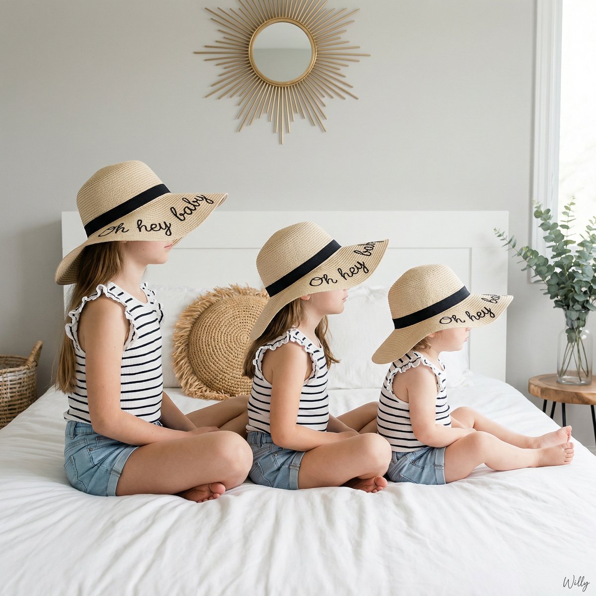 Bohemian Sisters Portrait with Floppy Hats and Signature — example 1