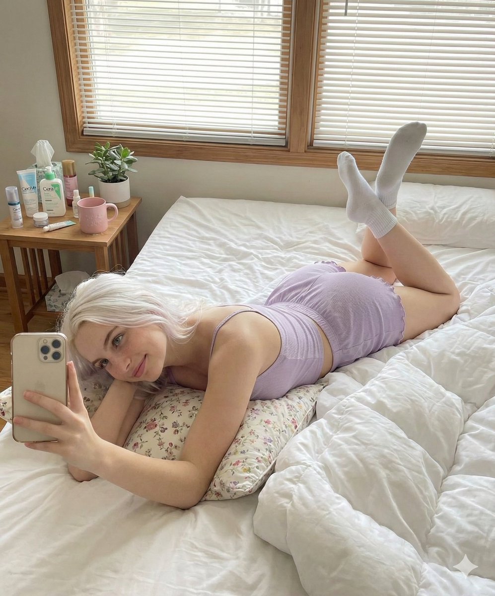 Prone Bed Selfie in Purple Lounge Wear — example 3