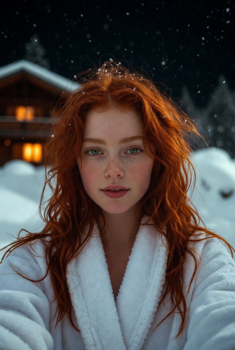 Flash Selfie in Snow at Alpine Chalet Prompt — example 1