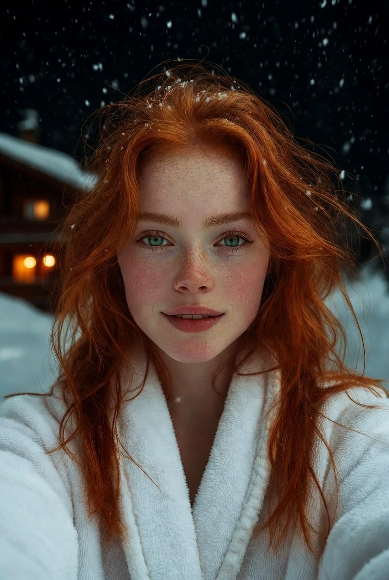 Flash Selfie in Snow at Alpine Chalet Prompt — example 2