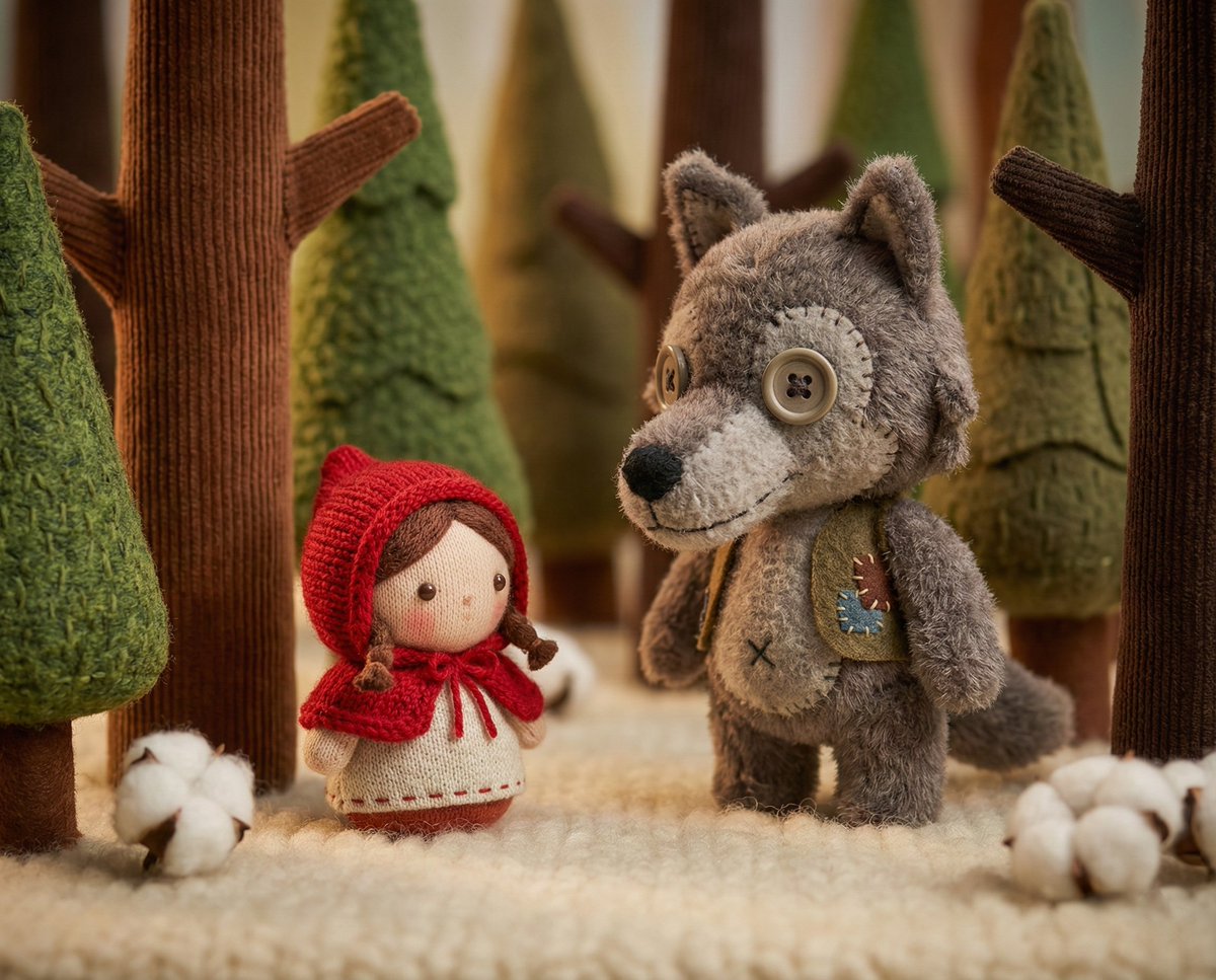 Whimsical Plush Toy Diorama of Little Red Riding Hood — example 1