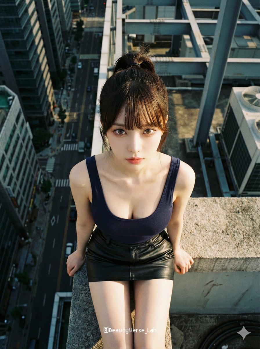 Extreme Top-Down Skyscraper Edge Portrait Prompt — example 1