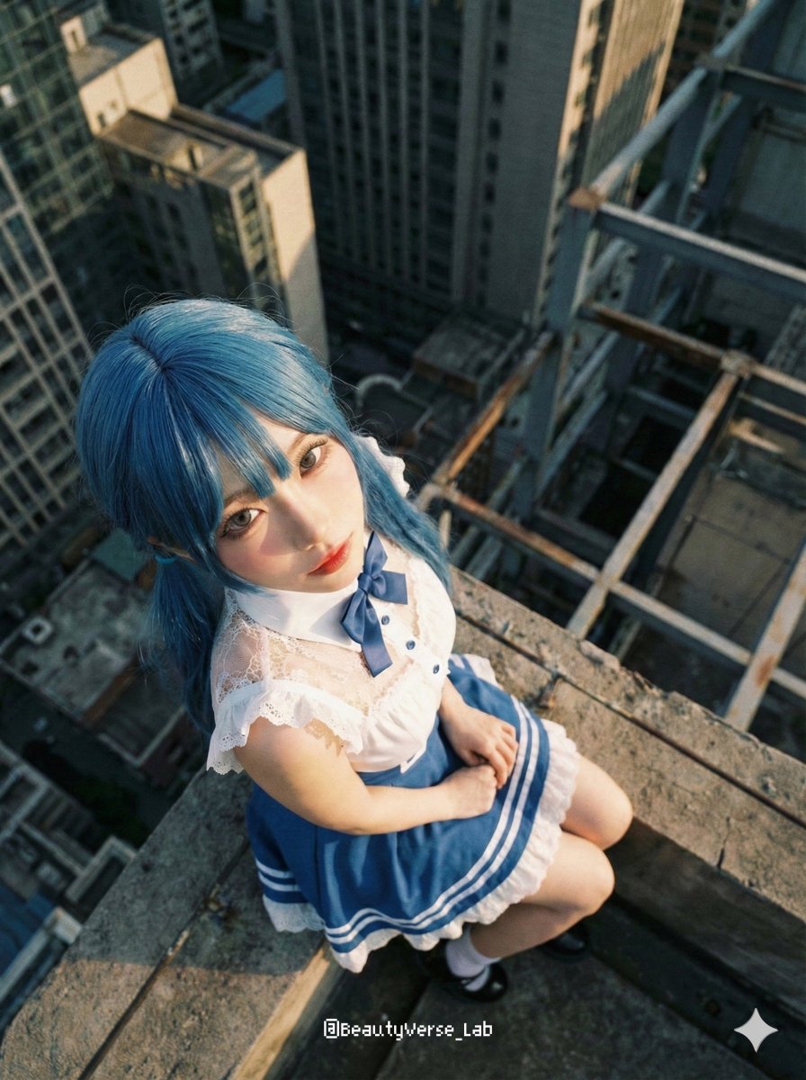 Extreme Top-Down Skyscraper Edge Portrait Prompt — example 2