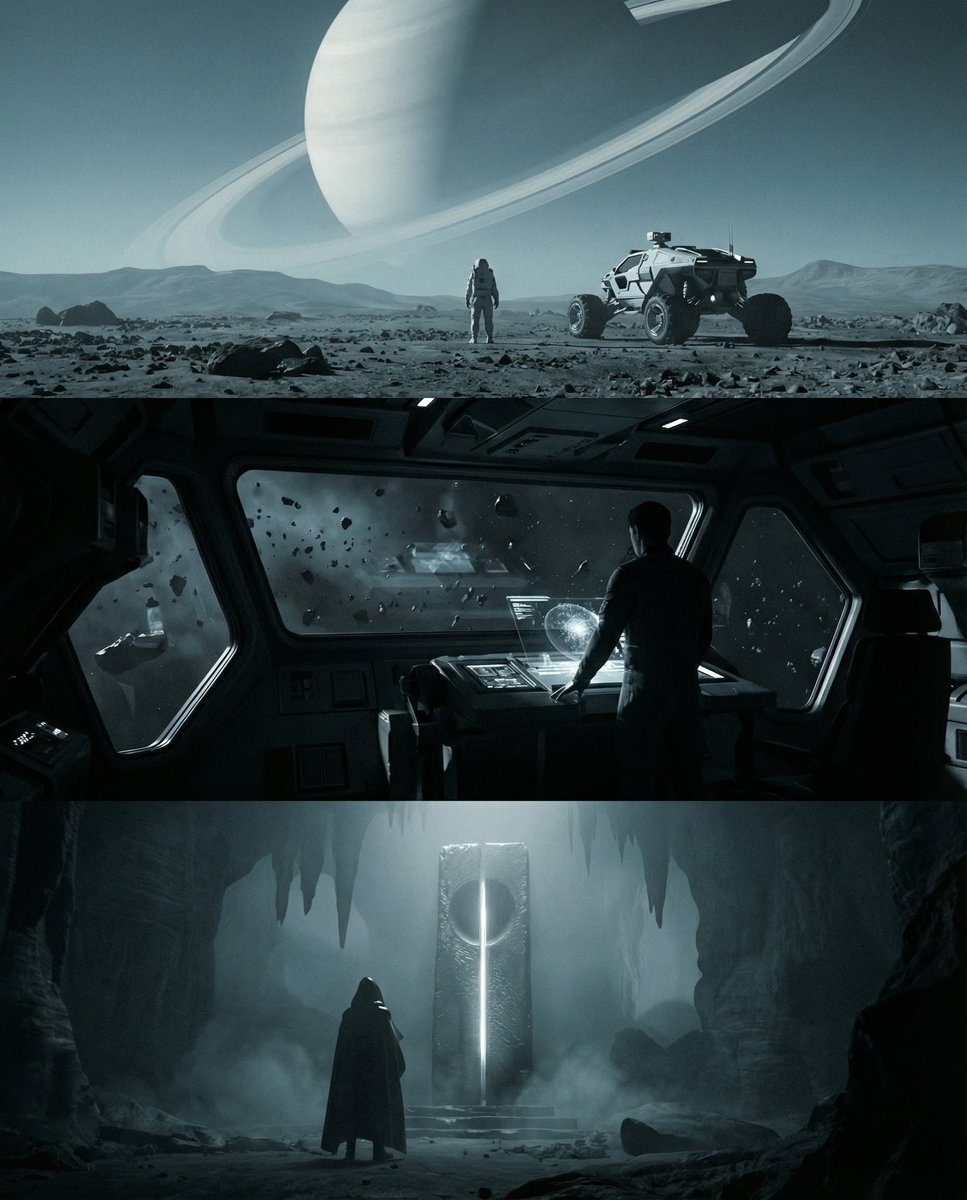 Sci-fi cinematic triptych and expansions — example 1
