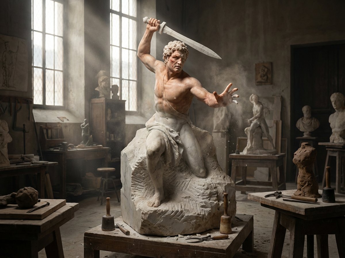 Sculptor's Awakening Cinematic Scene Prompt — example 2