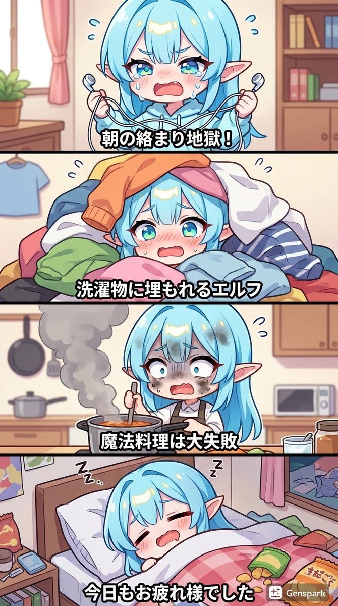 Four-panel comic about a clumsy elf — example 1