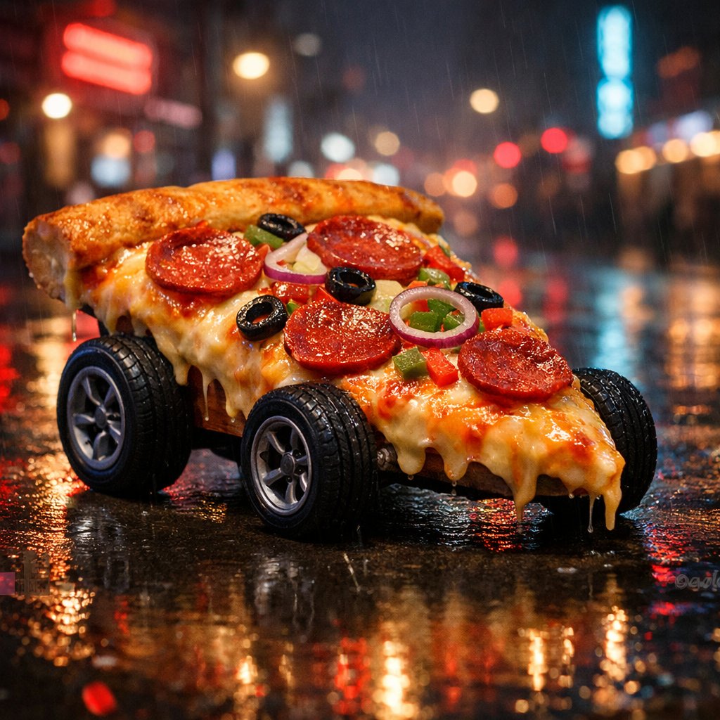 Surreal Cyberpunk Pizza Car Prompt — example 1
